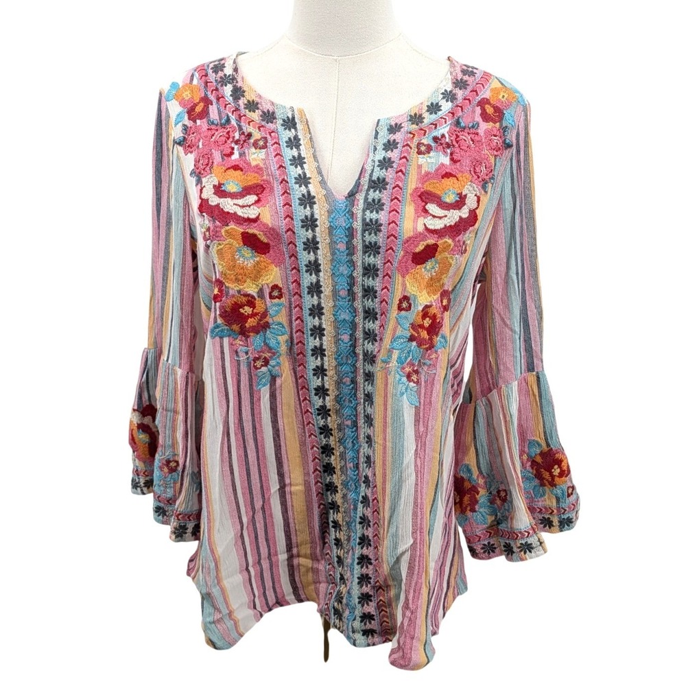 Embroidered Floral Tunic Blouse Womens S Striped Bell Sleeve Boho Andree